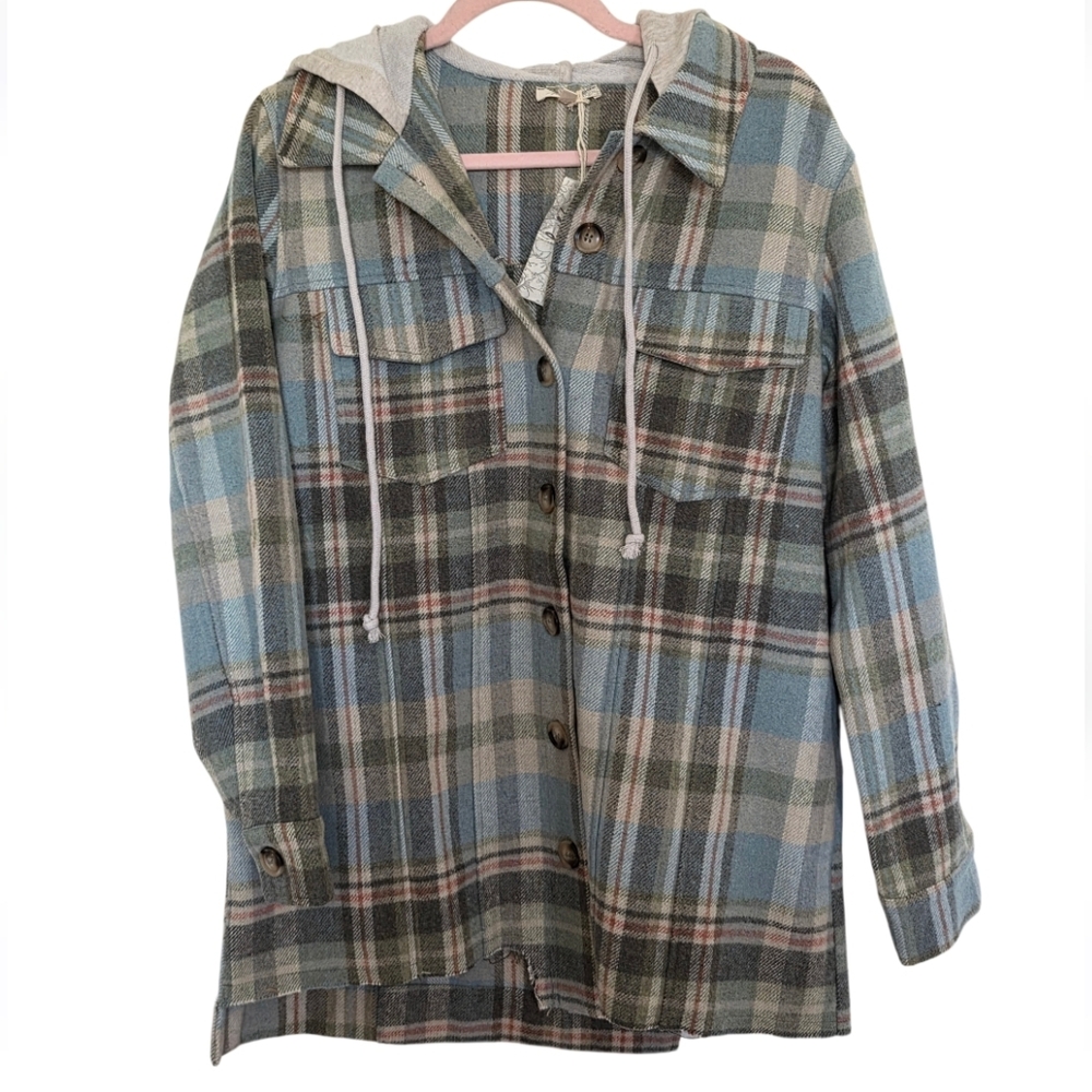 Mystree Plaid Button Down Hooded Shacket Jacket